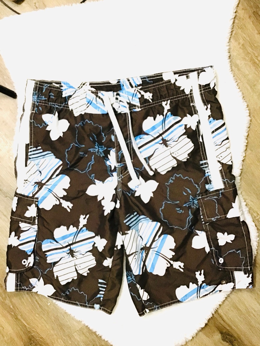 Hang Ten Brown Floral Swim Board Shorts with White & Light Blue Accents